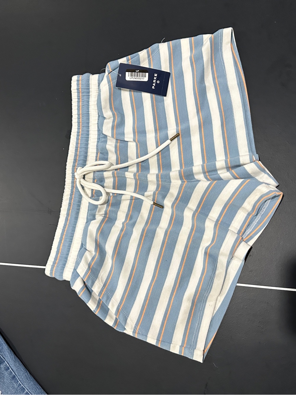 Women’s Parke Blue, White & Tan Striped Elastic-Waist Athletic Shorts Size Small